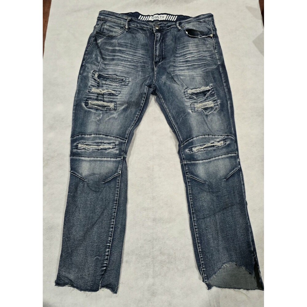 RGSTR Mens Distressed Moto Biker Jeans Blue Skinny Paneled Ripped Denim Cut Cuff